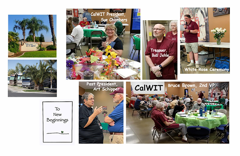 Collage of photos of people gathered at tables, of an RV resort.